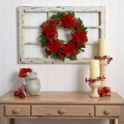 24in. Artificial Unlit Artificial Holiday Wreath With Poinsettia, Berry And Golden Pine Cone -Holiday Glow Store nearly natural christmas wreaths 4269 31 1000