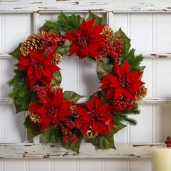 24in. Artificial Unlit Artificial Holiday Wreath With Poinsettia, Berry And Golden Pine Cone -Holiday Glow Store nearly natural christmas wreaths 4269 4f 1000
