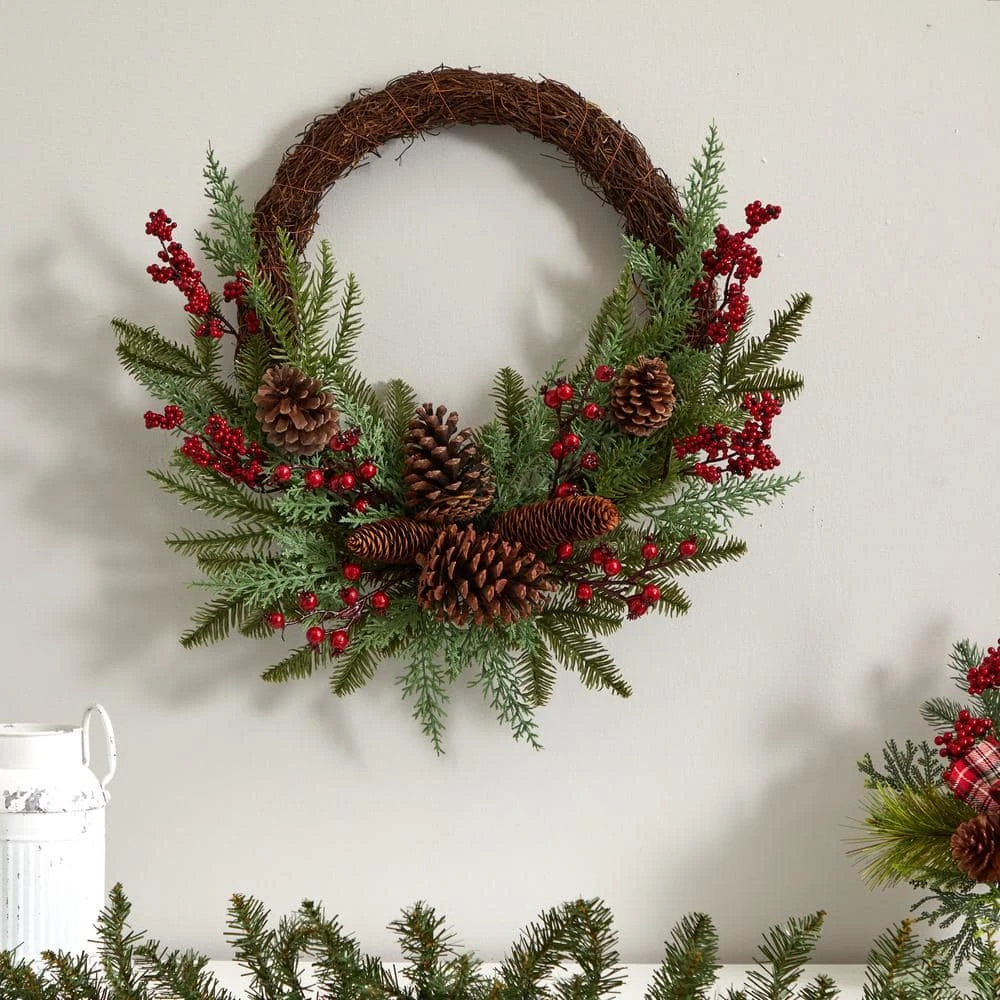 22in. Mixed Pine And Cedar With Berries And Pine Cones Artificial Wreath 7 22in. Mixed Pine And Cedar With Berries And Pine Cones Artificial Wreath - Image 5