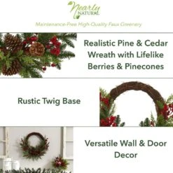 22in. Mixed Pine And Cedar With Berries And Pine Cones Artificial Wreath 9 22in. Mixed Pine And Cedar With Berries And Pine Cones Artificial Wreath -Holiday Glow Store nearly natural christmas wreaths 4360 40 1000