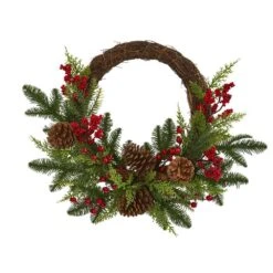 22in. Mixed Pine And Cedar With Berries And Pine Cones Artificial Wreath