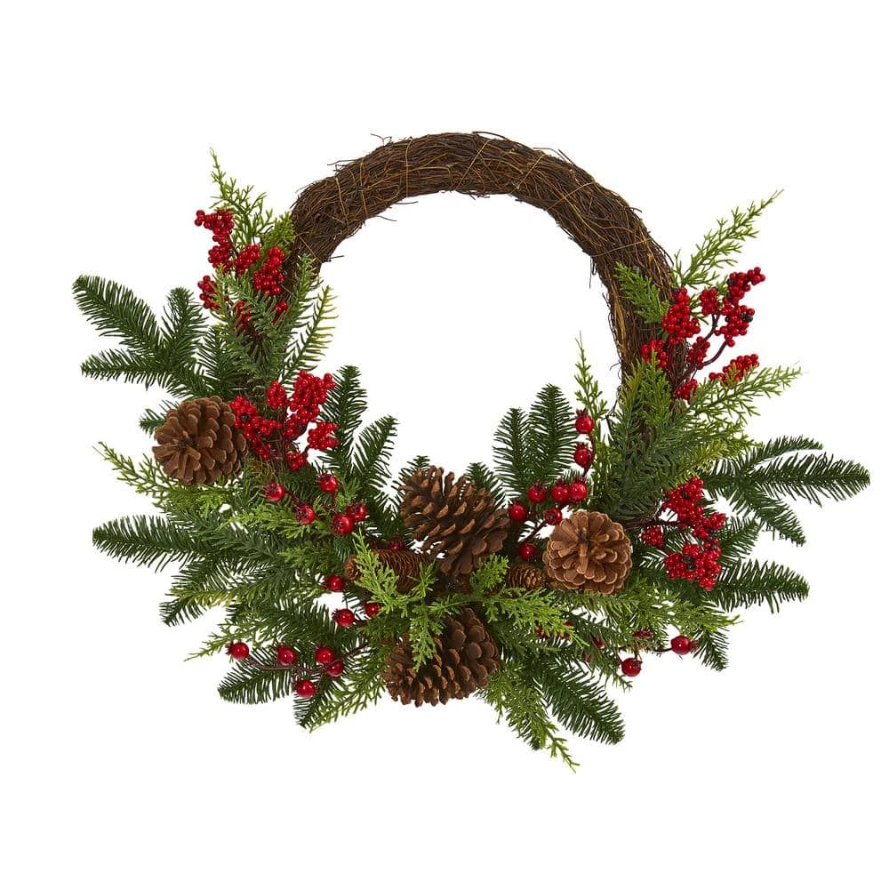 22in. Mixed Pine And Cedar With Berries And Pine Cones Artificial Wreath 3 22in. Mixed Pine And Cedar With Berries And Pine Cones Artificial Wreath