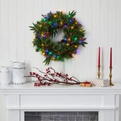 24 In. Green Pre-Lit LED Mixed Pine Artificial Christmas Wreath With 50 Multi-Colored Lights Berries And Pine Cones -Holiday Glow Store nearly natural christmas wreaths 4454 31 1000
