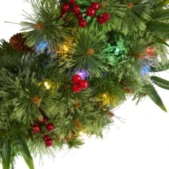 24 In. Green Pre-Lit LED Mixed Pine Artificial Christmas Wreath With 50 Multi-Colored Lights Berries And Pine Cones -Holiday Glow Store nearly natural christmas wreaths 4454 4f 1000
