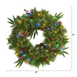 24 In. Green Pre-Lit LED Mixed Pine Artificial Christmas Wreath With 50 Multi-Colored Lights Berries And Pine Cones -Holiday Glow Store nearly natural christmas wreaths 4454 c3 1000