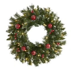24 In. Pre-Lit Frosted Artificial Christmas Wreath With 50 Warm White LED Lights Ornaments And Berries