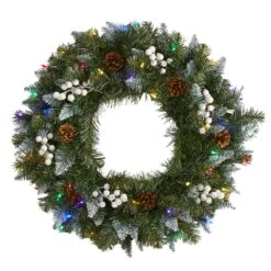 24 In. Pre-Lit Snow Tipped Artificial Christmas Wreath With 50 Multi-Colored LED Lights White Berries And Pine Cones