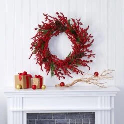 34 In. Cypress Artificial Wreath With Berries And Pine Cones -Holiday Glow Store nearly natural christmas wreaths 4479 31 1000