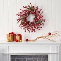 24 In. Frosted Cypress Artificial Wreath With Berries And Pine Cones -Holiday Glow Store nearly natural christmas wreaths 4481 31 1000