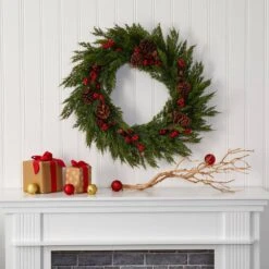 32 In. Cypress With Berries And Pine Cones Artificial Wreath -Holiday Glow Store nearly natural christmas wreaths 4487 31 1000