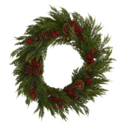 32 In. Cypress With Berries And Pine Cones Artificial Wreath