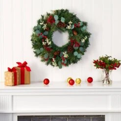 24 In. Eucalyptus And Pine Artificial Wreath With Berries And Pine Cones 7 24 In. Eucalyptus And Pine Artificial Wreath With Berries And Pine Cones -Holiday Glow Store nearly natural christmas wreaths 4506 31 1000