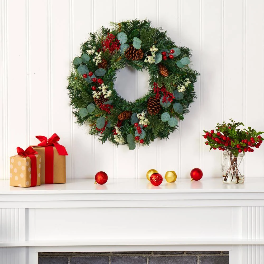 24 In. Eucalyptus And Pine Artificial Wreath With Berries And Pine Cones 5 24 In. Eucalyptus And Pine Artificial Wreath With Berries And Pine Cones - Image 3
