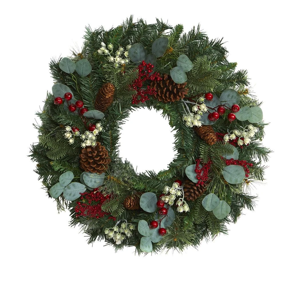 24 In. Eucalyptus And Pine Artificial Wreath With Berries And Pine Cones 3 24 In. Eucalyptus And Pine Artificial Wreath With Berries And Pine Cones
