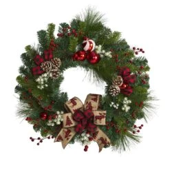 24 In. Christmas Pine Artificial Wreath With Pine Cones And Ornaments