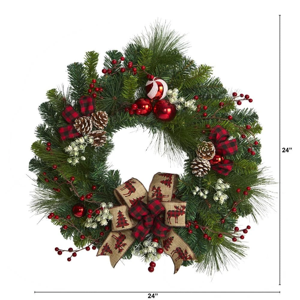 24 In. Christmas Pine Artificial Wreath With Pine Cones And Ornaments 5 24 In. Christmas Pine Artificial Wreath With Pine Cones And Ornaments - Image 3