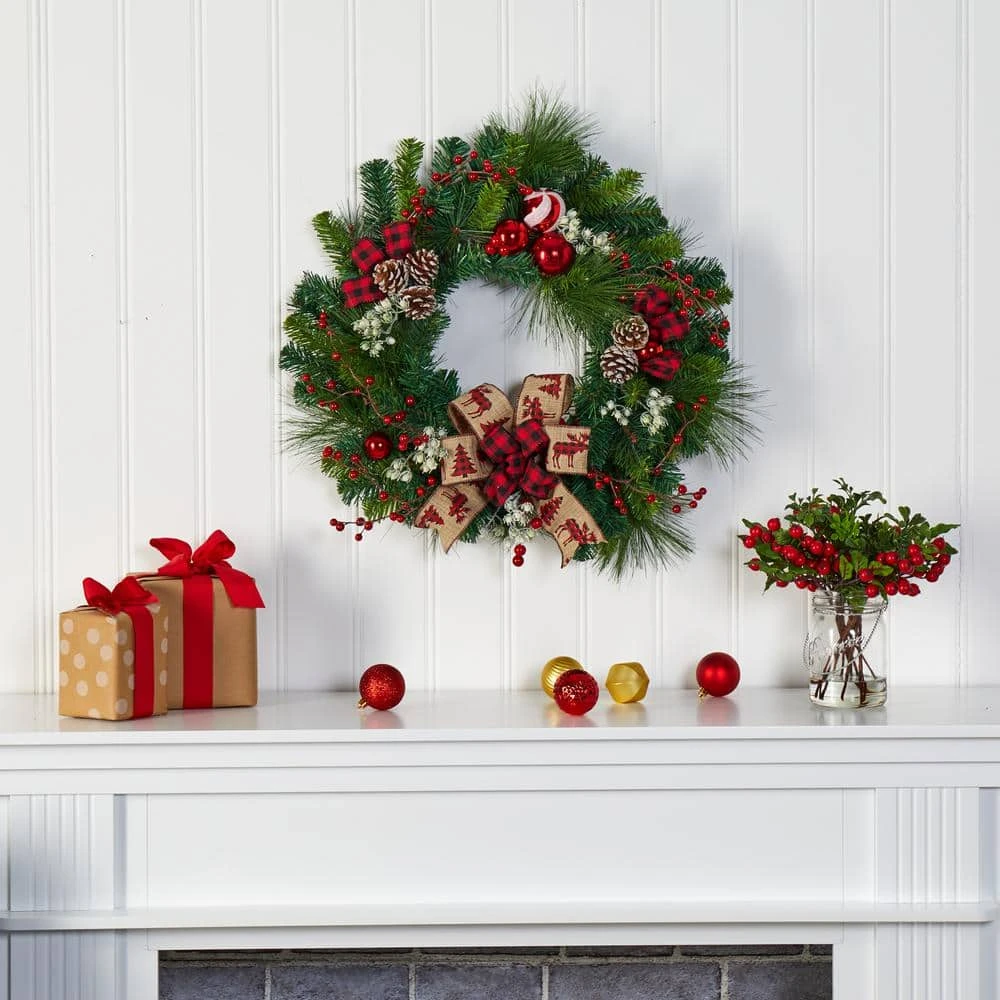 24 In. Christmas Pine Artificial Wreath With Pine Cones And Ornaments 4 24 In. Christmas Pine Artificial Wreath With Pine Cones And Ornaments - Image 2