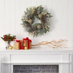 24 In. Snow Tipped Holiday Artificial Wreath With Berries Pine Cones And Ornaments -Holiday Glow Store nearly natural christmas wreaths 4609 31 1000