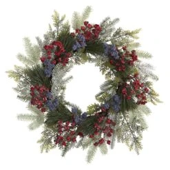 24 In. Pine And Cedar Artificial Wreath With Berries