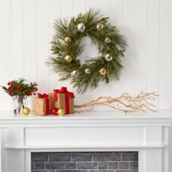 26 In. Sparkling Pine Artificial Wreath With Decorative Ornaments -Holiday Glow Store nearly natural christmas wreaths 4619 31 1000
