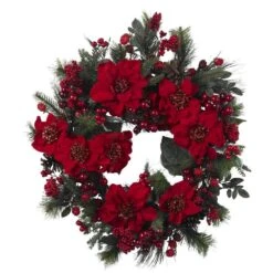 24in. Artificial Poinsettia Wreath -Holiday Glow Store nearly natural christmas wreaths 4660 40 1000