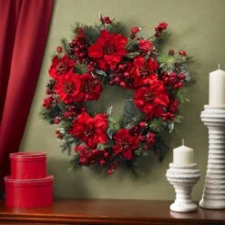 24in. Artificial Poinsettia Wreath -Holiday Glow Store nearly natural christmas wreaths 4660 e1 1000