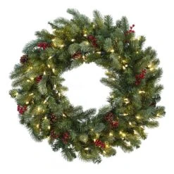 30 In. Lighted Pine Artificial Wreath With Berries And Pine Cones