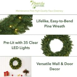 24 In. Pre-Lit Green Pine Artificial Christmas Wreath With 35 Clear LED Lights 10 24 In. Pre-Lit Green Pine Artificial Christmas Wreath With 35 Clear LED Lights -Holiday Glow Store nearly natural christmas wreaths w1110 40 1000