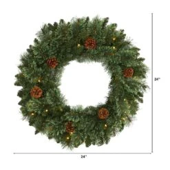 24 In. Pre-Lit Green White-Mountain Pine Artificial Christmas Wreath With 35 LED Lights And Pine Cones 10 24 In. Pre-Lit Green White-Mountain Pine Artificial Christmas Wreath With 35 LED Lights And Pine Cones -Holiday Glow Store nearly natural christmas wreaths w1112 c3 1000