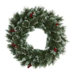 24 In. Pre-Lit Frosted Swiss Pine Artificial Wreath With 35 Clear LED Lights And Berries -Holiday Glow Store nearly natural christmas wreaths w1113 4f 1000
