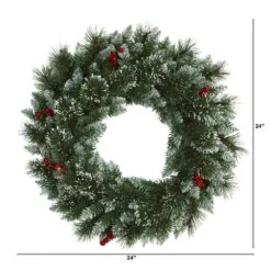 24 In. Pre-Lit Frosted Swiss Pine Artificial Wreath With 35 Clear LED Lights And Berries -Holiday Glow Store nearly natural christmas wreaths w1113 c3 1000