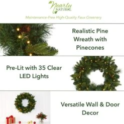 24 In. Pre-Lit Mixed Pine Artificial Christmas Wreath With 35 Clear LED Lights And Pinecones -Holiday Glow Store nearly natural christmas wreaths w1114 40 1000