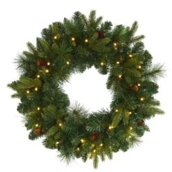 24 In. Pre-Lit Mixed Pine Artificial Christmas Wreath With 35 Clear LED Lights And Pinecones