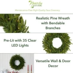 24 In. Pre-Lit Long Pine Artificial Christmas Wreath With 35 Clear LED Lights -Holiday Glow Store nearly natural christmas wreaths w1115 40 1000