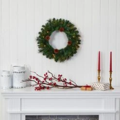 20 In. Pre-Lit Pine Artificial Christmas Wreath With 35 LED Lights And Pine Cones -Holiday Glow Store nearly natural christmas wreaths w1116 31 1000