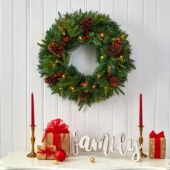 24 In. Mixed Pine Artificial Christmas Wreath With 35 Clear LED Lights And Berries -Holiday Glow Store nearly natural christmas wreaths w1117 31 1000