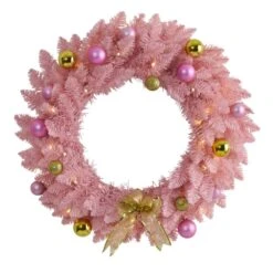 24 In. Pink Pre-Lit Artificial Christmas Wreath With 35 LED Lights And Ornaments