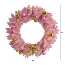 24 In. Pink Pre-Lit Artificial Christmas Wreath With 35 LED Lights And Ornaments -Holiday Glow Store nearly natural christmas wreaths w1119 c3 1000