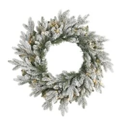 24 In. Pre-Lit Flocked Artificial Christmas Wreath With 50 LED Lights