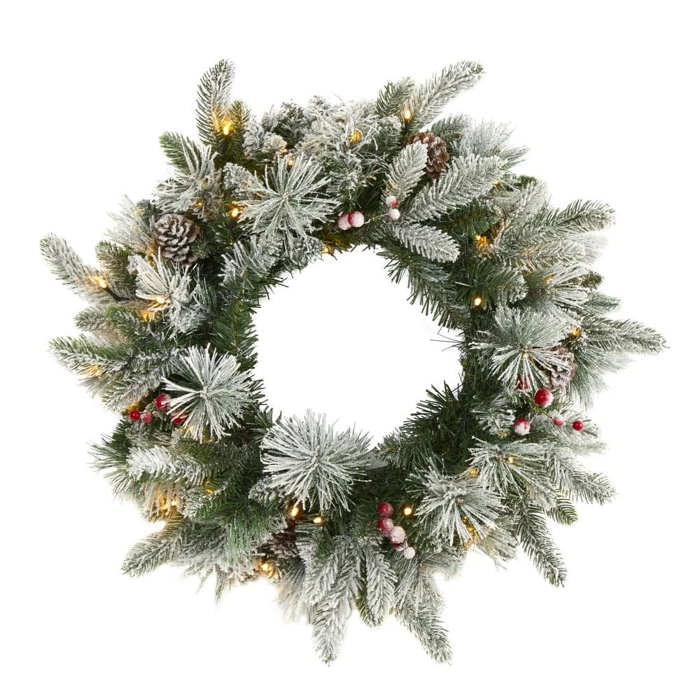 20 In. Pre-Lit Flocked Mixed Pine Artificial Christmas Wreath With 50 LED Lights, Pine Cones And Berries 3 20 In. Pre-Lit Flocked Mixed Pine Artificial Christmas Wreath With 50 LED Lights, Pine Cones And Berries