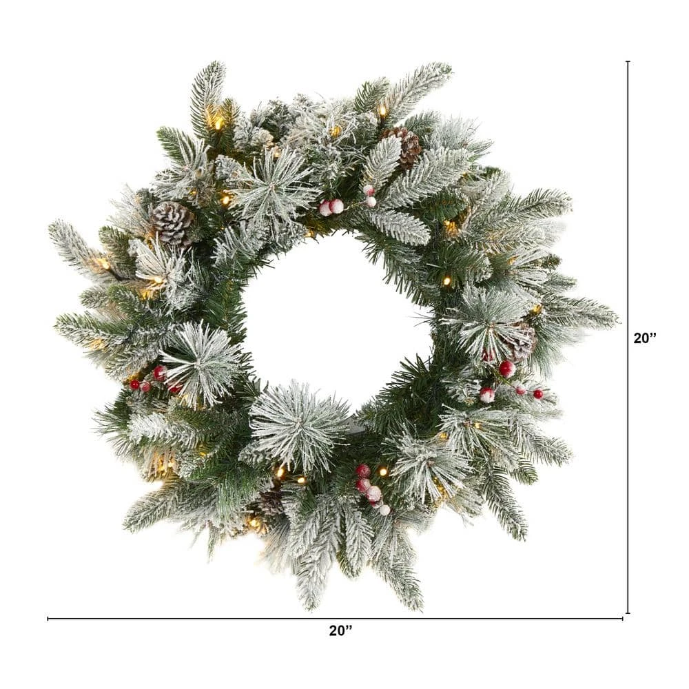20 In. Pre-Lit Flocked Mixed Pine Artificial Christmas Wreath With 50 LED Lights, Pine Cones And Berries 5 20 In. Pre-Lit Flocked Mixed Pine Artificial Christmas Wreath With 50 LED Lights, Pine Cones And Berries - Image 3