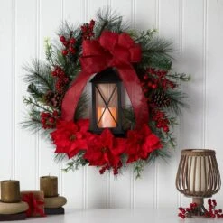 28 In. Red Pre-Lit Poinsettia And Berry Holiday Lantern Artificial Christmas Wreath With LED Candle -Holiday Glow Store nearly natural christmas wreaths w1272 4f 1000