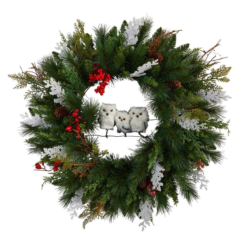 24 In. Holiday Winter Owl Family Pinecone Berry Artificial Christmas Wreath 3 24 In. Holiday Winter Owl Family Pinecone Berry Artificial Christmas Wreath