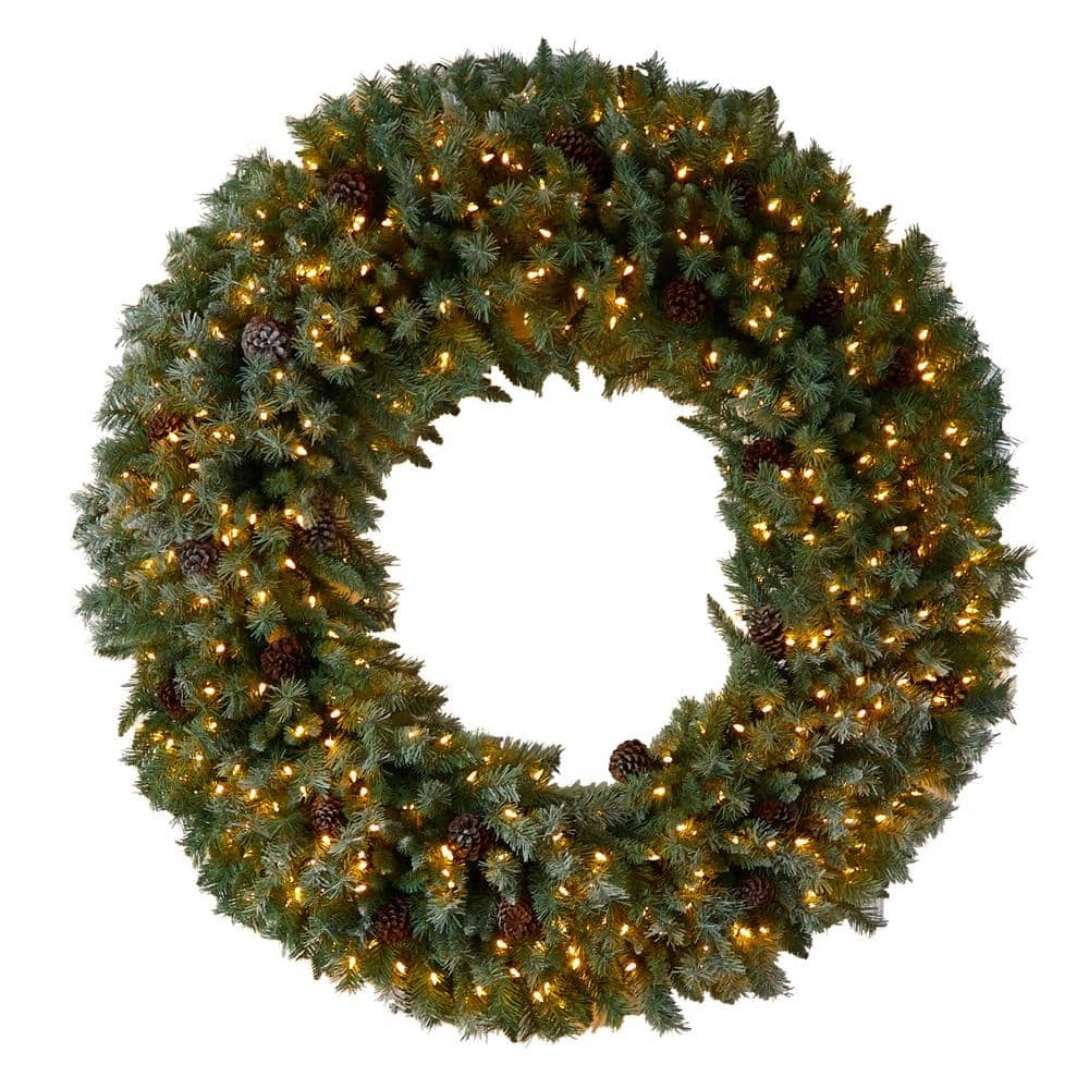 60 In. Prelit LED Giant Flocked Artificial Christmas Wreath With Pinecones, 400 Clear LED Lights 3 60 In. Prelit LED Giant Flocked Artificial Christmas Wreath With Pinecones, 400 Clear LED Lights