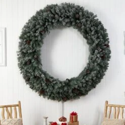 72 In. Pre-Lit LED Giant Flocked Artificial Christmas Wreath With Pinecones, 600 Clear LED Lights -Holiday Glow Store nearly natural christmas wreaths w1282 1f 1000