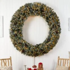 72 In. Pre-Lit LED Giant Flocked Artificial Christmas Wreath With Pinecones, 600 Clear LED Lights -Holiday Glow Store nearly natural christmas wreaths w1282 31 1000