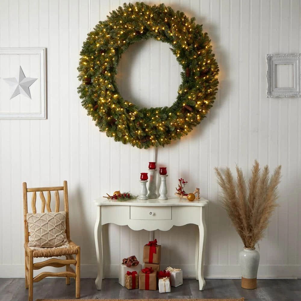 60 In. Prelit LED Flocked Artificial Christmas Wreath With Pinecones, 300 Clear LED Lights 8 60 In. Prelit LED Flocked Artificial Christmas Wreath With Pinecones, 300 Clear LED Lights - Image 6