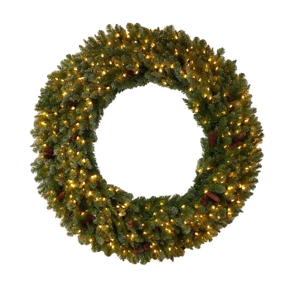 60 In. Prelit LED Flocked Artificial Christmas Wreath With Pinecones, 300 Clear LED Lights 3 60 In. Prelit LED Flocked Artificial Christmas Wreath With Pinecones, 300 Clear LED Lights
