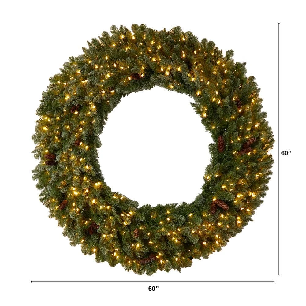 60 In. Prelit LED Flocked Artificial Christmas Wreath With Pinecones, 300 Clear LED Lights 5 60 In. Prelit LED Flocked Artificial Christmas Wreath With Pinecones, 300 Clear LED Lights - Image 3