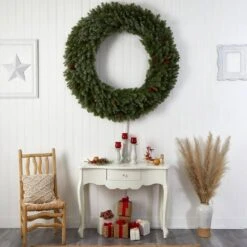 60 In. Prelit LED Flocked Artificial Christmas Wreath With Pinecones, 300 Clear LED Lights 16 60 In. Prelit LED Flocked Artificial Christmas Wreath With Pinecones, 300 Clear LED Lights -Holiday Glow Store nearly natural christmas wreaths w1284 fa 1000